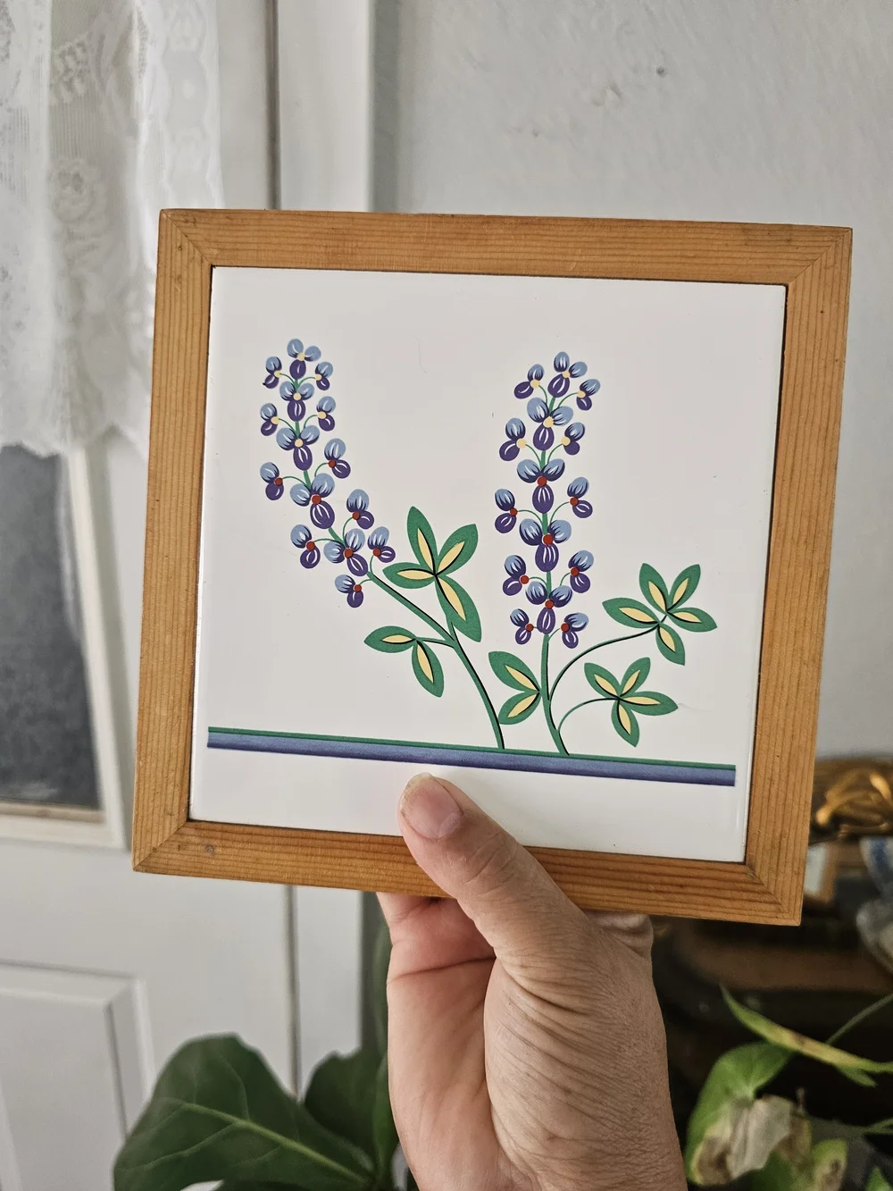 Wood-Framed Lavender Tile Plaques - Natural Wood Teivet Set Cottagecore